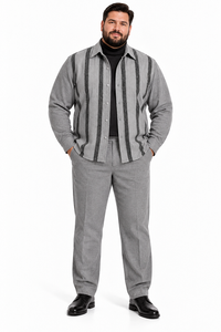 Mens Heather Grey Striped Walking Suit – Long-Sleeve Shirt & Matching Pants