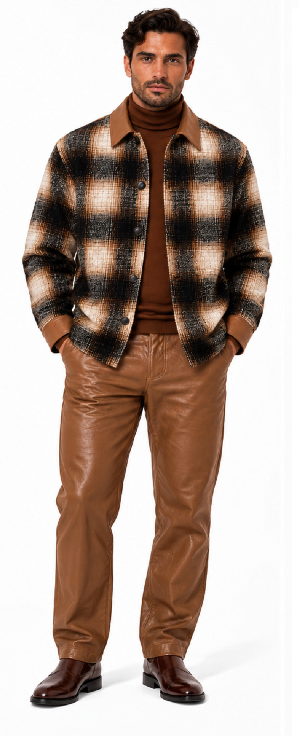 Mens Cognac Plaid Luxe Walking Suit – Statement Jacket & Leather-Look Matching Pants