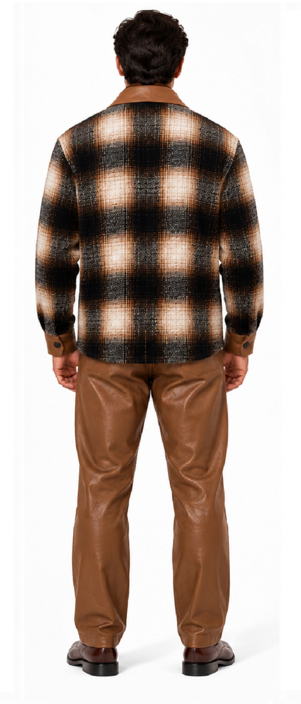 Mens Cognac Plaid Luxe Walking Suit – Statement Jacket & Leather-Look Matching Pants