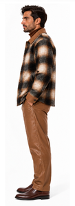 Mens Cognac Plaid Luxe Walking Suit – Statement Jacket & Leather-Look Matching Pants