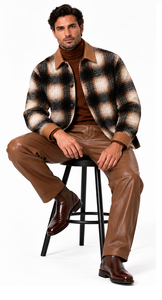 Mens Cognac Plaid Luxe Walking Suit – Statement Jacket & Leather-Look Matching Pants