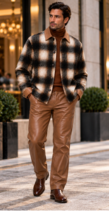 Mens Cognac Plaid Luxe Walking Suit – Statement Jacket & Leather-Look Matching Pants