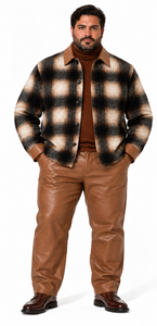Mens Cognac Plaid Luxe Walking Suit – Statement Jacket & Leather-Look Matching Pants
