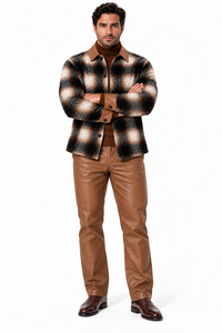 Mens Cognac Plaid Luxe Walking Suit – Statement Jacket & Leather-Look Matching Pants