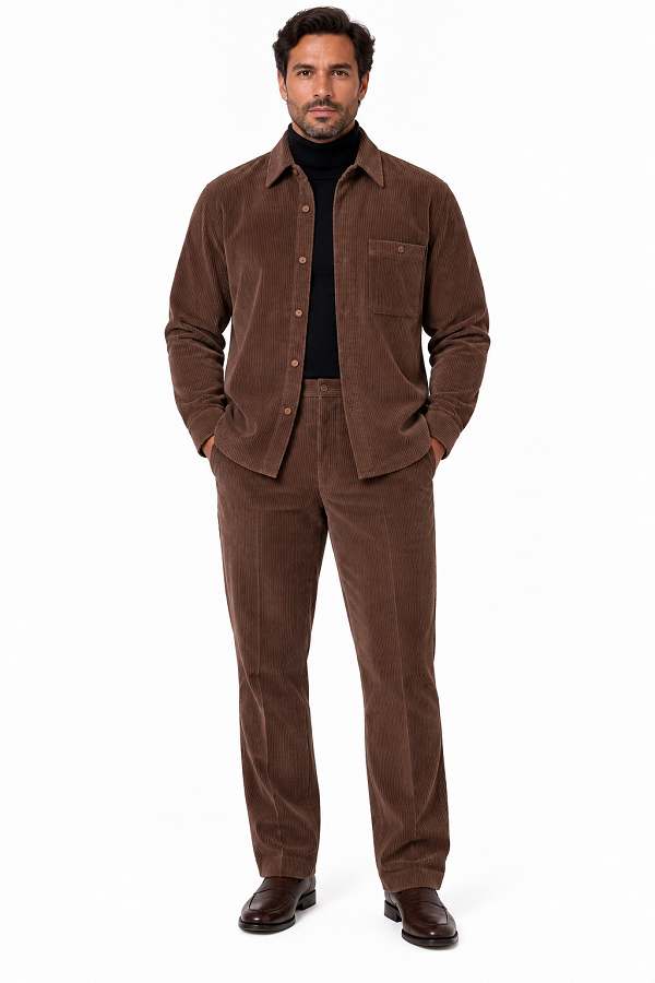 Mens Espresso Brown Corduroy Executive Walking Suit – Textured Overshirt & Matching Pants