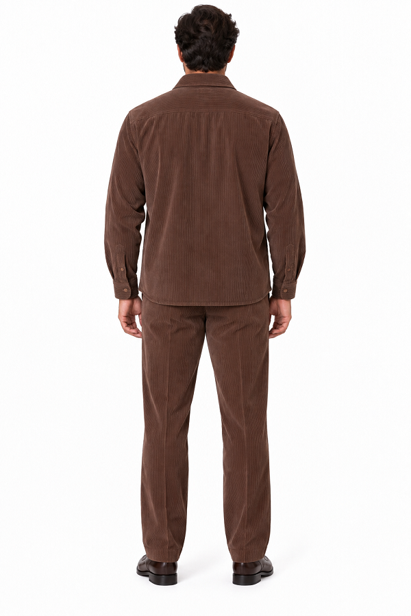 Mens Espresso Brown Corduroy Executive Walking Suit – Textured Overshirt & Matching Pants
