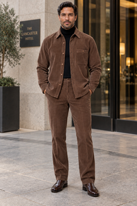 Mens Espresso Brown Corduroy Executive Walking Suit – Textured Overshirt & Matching Pants