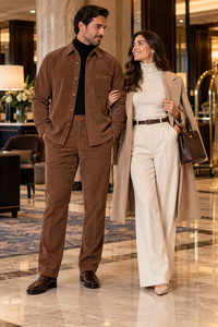 Mens Espresso Brown Corduroy Executive Walking Suit – Textured Overshirt & Matching Pants