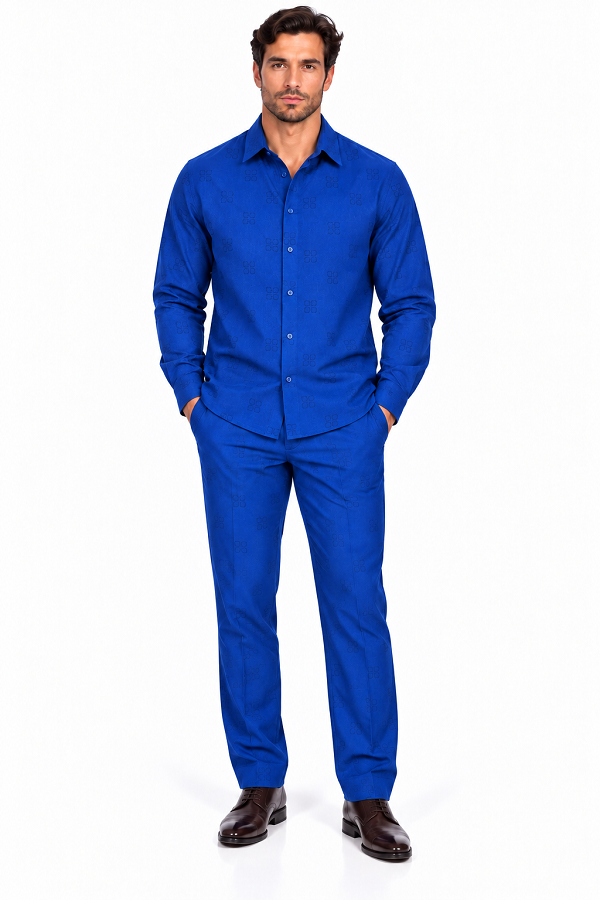Mens Royal Blue Signature Luxe Walking Suit – Tonal Pattern Shirt & Matching Pants Set