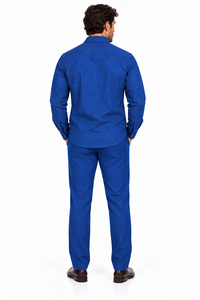Mens Royal Blue Signature Luxe Walking Suit – Tonal Pattern Shirt & Matching Pants Set
