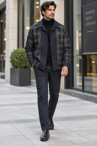 Mens Midnight Navy Plaid Fusion Walking Suit – Contemporary Shirt & Matching Pants Set