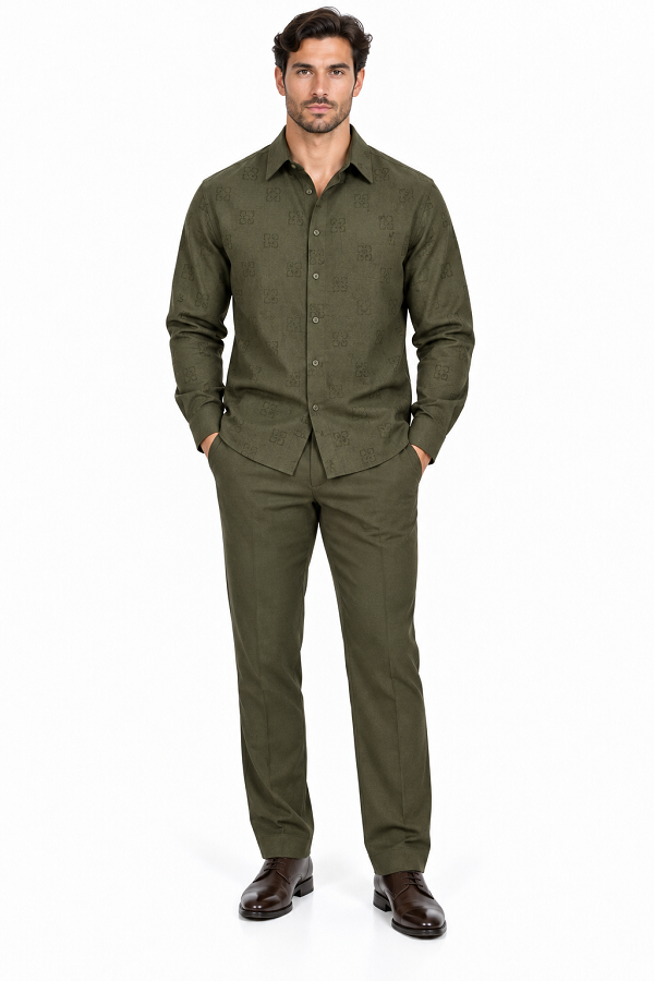 Mens Olive Heritage Walking Suit – Tonal Pattern Shirt & Matching Pants Set