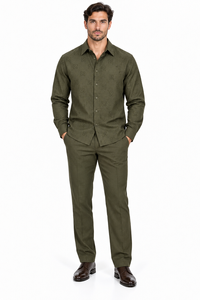 Mens Olive Heritage Walking Suit – Tonal Pattern Shirt & Matching Pants Set