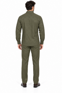Mens Olive Heritage Walking Suit – Tonal Pattern Shirt & Matching Pants Set