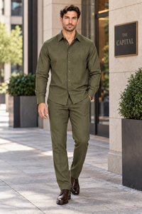 Mens Olive Heritage Walking Suit – Tonal Pattern Shirt & Matching Pants Set