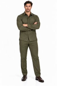 Mens Olive Heritage Walking Suit – Tonal Pattern Shirt & Matching Pants Set