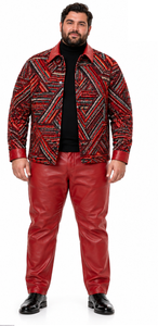 Mens Crimson Red Geo Statement Walking Suit – Patterned Jacket & Matching Pants