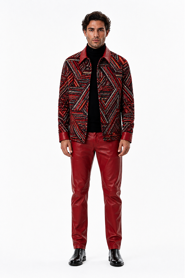Mens Crimson Red Geo Statement Walking Suit – Patterned Jacket & Matching Pants