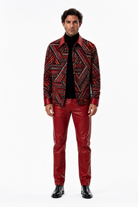 Mens Crimson Red Geo Statement Walking Suit – Patterned Jacket & Matching Pants
