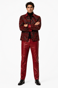 Mens Crimson Red Geo Statement Walking Suit – Patterned Jacket & Matching Pants