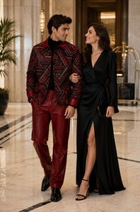 Mens Crimson Red Geo Statement Walking Suit – Patterned Jacket & Matching Pants