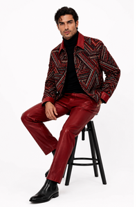 Mens Crimson Red Geo Statement Walking Suit – Patterned Jacket & Matching Pants