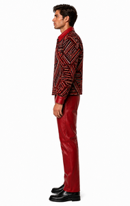 Mens Crimson Red Geo Statement Walking Suit – Patterned Jacket & Matching Pants