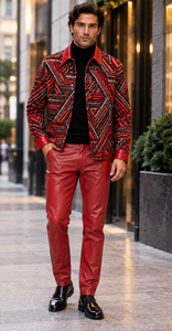 Mens Crimson Red Geo Statement Walking Suit – Patterned Jacket & Matching Pants