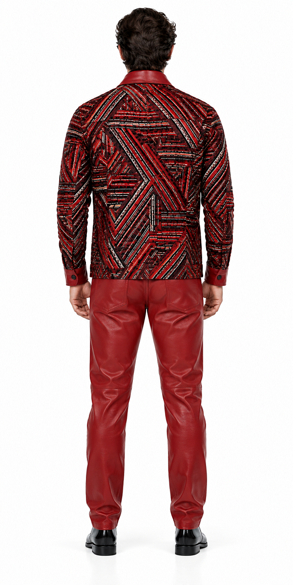 Mens Crimson Red Geo Statement Walking Suit – Patterned Jacket & Matching Pants
