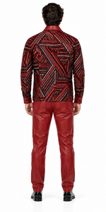 Mens Crimson Red Geo Statement Walking Suit – Patterned Jacket & Matching Pants