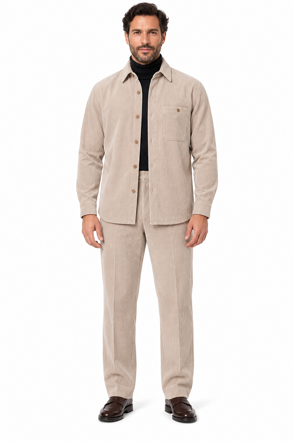 Mens Sandstone Corduroy Executive Walking Suit – Textured Overshirt & Matching Pants