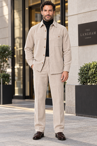 Mens Sandstone Corduroy Executive Walking Suit – Textured Overshirt & Matching Pants