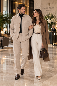 Mens Sandstone Corduroy Executive Walking Suit – Textured Overshirt & Matching Pants