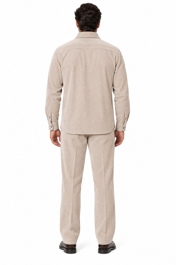 Mens Sandstone Corduroy Executive Walking Suit – Textured Overshirt & Matching Pants