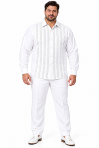 Men’s White Embroidered Walking Suit – Long Sleeve Shirt & Matching Pants Set