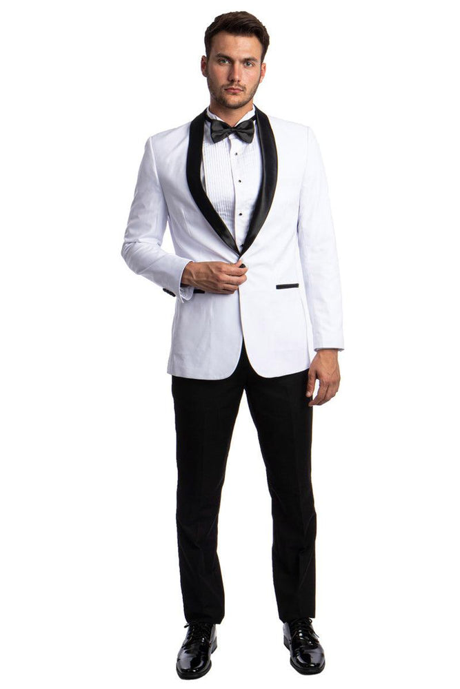 Men's White Azzuro Skinny-Fit Prom Tux with Shawl Collar & One Button Closure - USA Men's Outlet