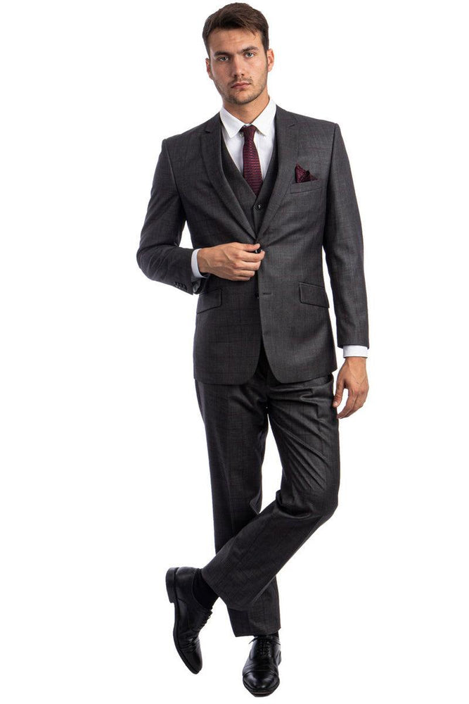 Men's Zegarie Wool Vested Suit, Mesh Modern Fit in Charcoal & Burgundy Windowpane - USA Men's Outlet