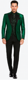 Men Shiny Satin Wedding Suits 2 Pieces Emerald Green Tuxedos Jacket + Pants + Bowtie - Slim Fitted