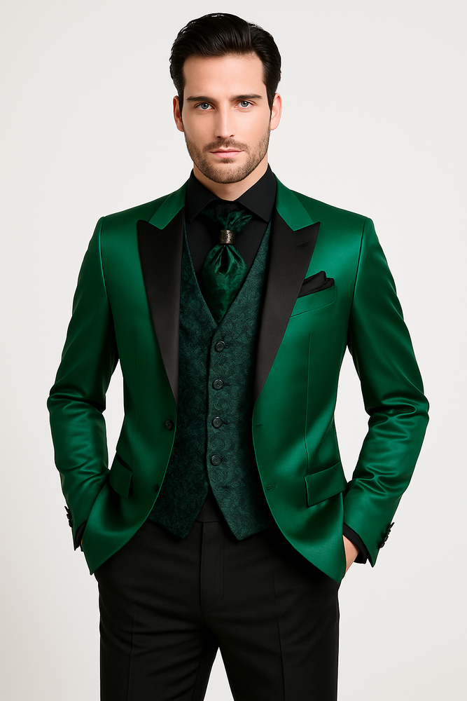 Men Shiny Satin Wedding Suits 2 Pieces Emerald Green Tuxedos Jacket + Pants + Bowtie - Slim Fitted