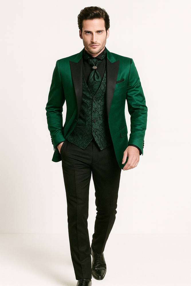Men Shiny Satin Wedding Suits 2 Pieces Emerald Green Tuxedos Jacket + Pants + Bowtie - Slim Fitted