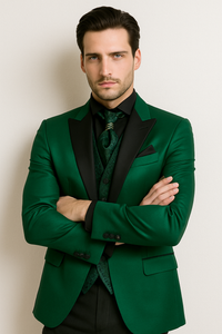Men Shiny Satin Wedding Suits 2 Pieces Emerald Green Tuxedos Jacket + Pants + Bowtie - Slim Fitted