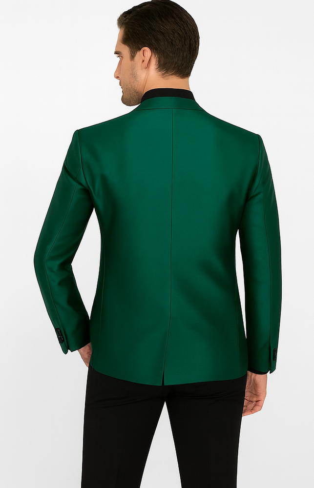 Men Shiny Satin Wedding Suits 2 Pieces Emerald Green Tuxedos Jacket + Pants + Bowtie - Slim Fitted