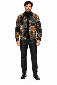Mens Black & Gold Wild Patchwork Walking Suit – Statement Jacket & Matching Pants Set