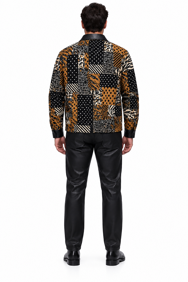 Mens Black & Gold Wild Patchwork Walking Suit – Statement Jacket & Matching Pants Set