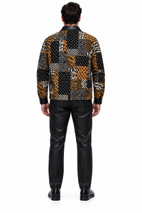 Mens Black & Gold Wild Patchwork Walking Suit – Statement Jacket & Matching Pants Set