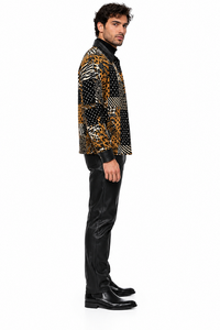 Mens Black & Gold Wild Patchwork Walking Suit – Statement Jacket & Matching Pants Set