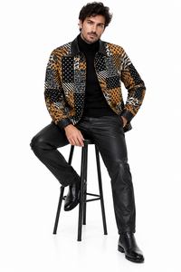 Mens Black & Gold Wild Patchwork Walking Suit – Statement Jacket & Matching Pants Set