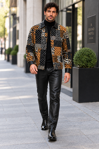 Mens Black & Gold Wild Patchwork Walking Suit – Statement Jacket & Matching Pants Set