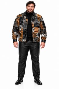 Mens Black & Gold Wild Patchwork Walking Suit – Statement Jacket & Matching Pants Set