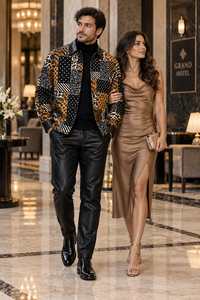 Mens Black & Gold Wild Patchwork Walking Suit – Statement Jacket & Matching Pants Set